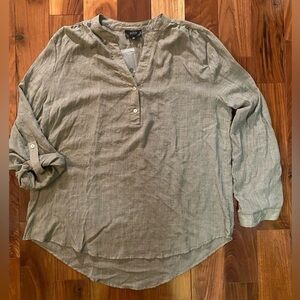 Perch By Blu Pepper Popover Shirt Olive Green Roll Tab Sleeve Women's Size 2XL